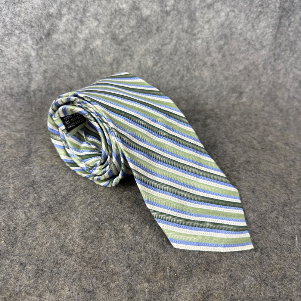 Courage Mens Silk Tie Green Blue White Striped Handmade Necktie RN 113752